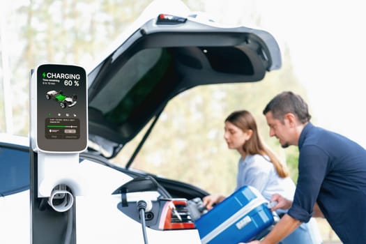 Lovely young couple recharging battery for electric car while relaxing and sitting on the trunk during road trip travel EV car in autumnal forest. Eco friendly travel on vacation during autumn. Exalt