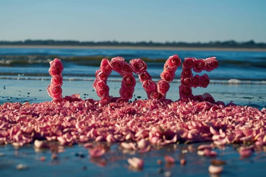 romantic beach of love rose petals on the coastline wide view pragma