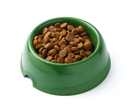 Bowl with dry pet food isolated on white background close up