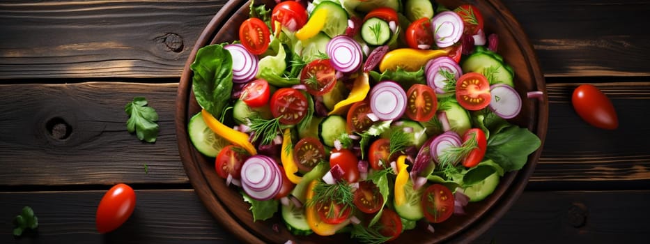 Salad with fresh vegetables and green leaves on a black background. selective focus. food Generative AI,