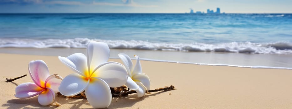 Plumeria flowers on the beach on the sand. selective focus. nature Generative AI,