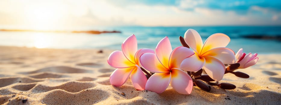 Plumeria flowers on the beach on the sand. selective focus. nature Generative AI,