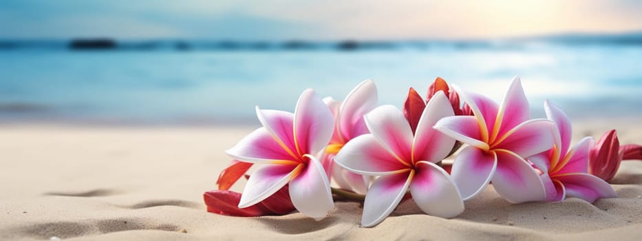 Plumeria flowers on the beach on the sand. selective focus. nature Generative AI,