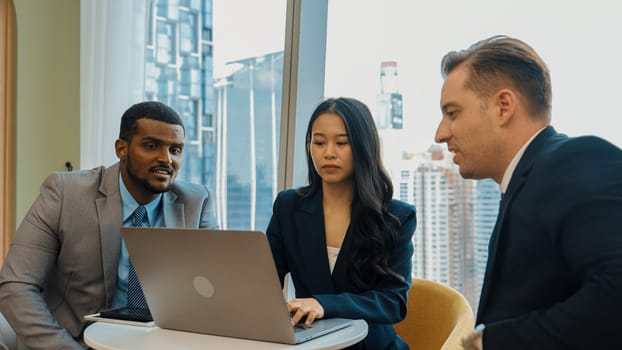 Ornamented office overlooking city skyline, diversity corporate professional discuss ambitious business expansion or strategic marketing. Financial advisor give consulting business insights and idea