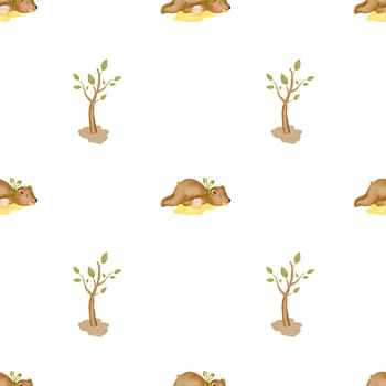 Watercolor seamless pattern with a bear and honey lying near a tree. Cute drawing of an animal eating honey and falling asleep. Kawaii illustration for printing on children's textiles. Baby design. High quality illustration