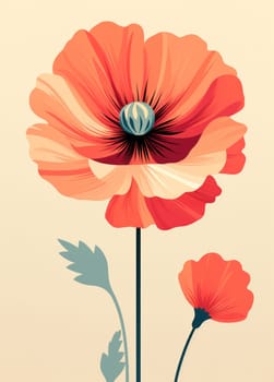 Red Floral Elegance: A Vintage Poppy Blossom Illustration, with a Retro Flair and Decorative Botanical Background