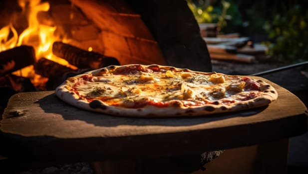 Brick Oven Fire: Traditional Italian Pizza, Hot and Delicious, Cooked with Wood Flame, Mozzarella Cheese and Fresh Tomato Sauce on Rustic Stone, in a Pizzeria Kitchen