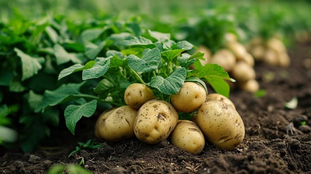 Potatoes growing in the garden. selective focus. Food. Generative AI,
