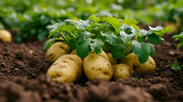 Potatoes growing in the garden. selective focus. Food. Generative AI,