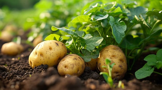 Potatoes growing in the garden. selective focus. Food. Generative AI,