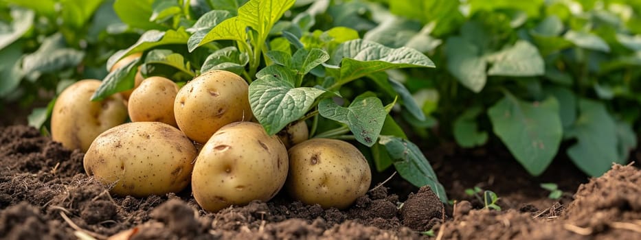 Potatoes growing in the garden. selective focus. Food. Generative AI,