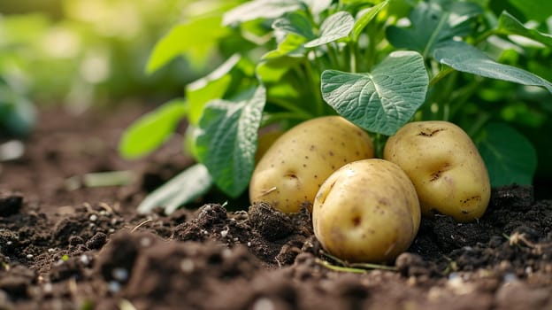 Potatoes growing in the garden. selective focus. Food. Generative AI,