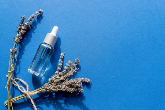 Bottle with aroma oil and lavender flowers isolated on blue background