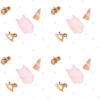 Baby toys watercolor seamless pattern for girls on a white background. A cute pink bodysuit and shoe, a wooden rocking horse and a pyramid are beautiful elements of children's design. For printing on textiles and packaging paper. High quality illustration