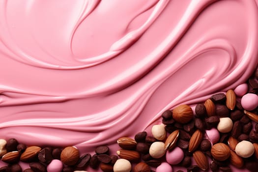 Close-up of mixing liquid chocolate, strawberry cream, yogurt and nuts. Pastry concept.