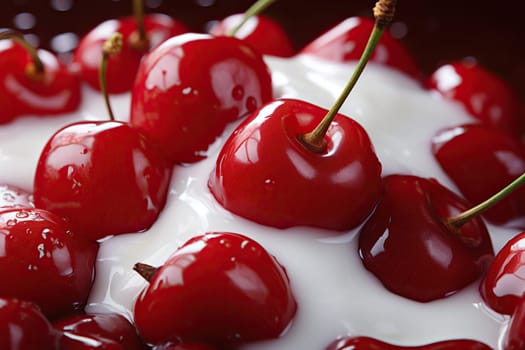 Ripe cherries in yogurt close-up.