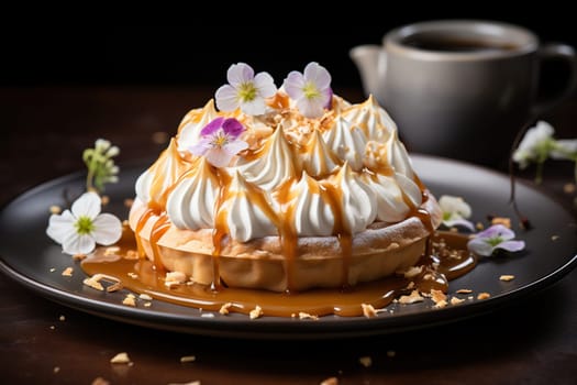 Caramel tart with burnt meringue on top on a dark background. Restaurant food concept.