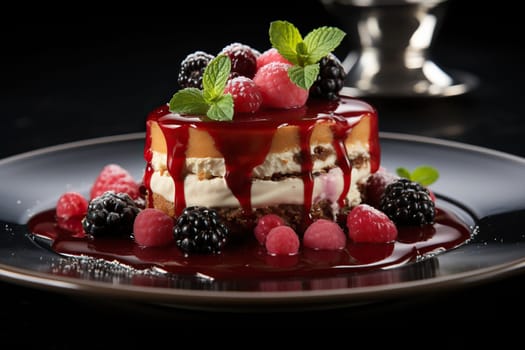 Exquisite dessert on a large black plate with caramel and fresh berries.