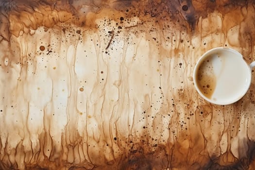 Top view of a cup of coffee standing on a surface covered in coffee stains. Texture of spilled coffee.