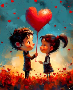 Romantic grunge cards for Valentine's Day, boy and girl with a heart-shaped balloon. AI generated.