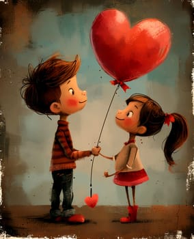 Romantic grunge cards for Valentine's Day, boy and girl with a heart-shaped balloon. AI generated.