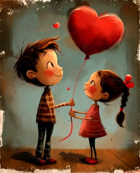 Romantic grunge cards for Valentine's Day, boy and girl with a heart-shaped balloon. AI generated.