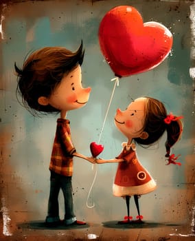 Romantic grunge cards for Valentine's Day, boy and girl with a heart-shaped balloon. AI generated.