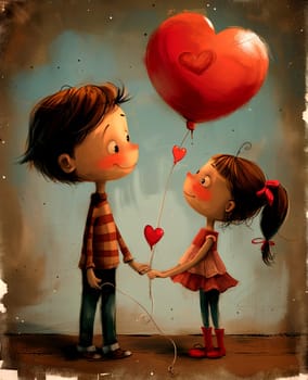 Romantic grunge cards for Valentine's Day, boy and girl with a heart-shaped balloon. AI generated.