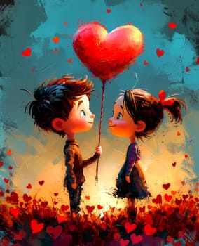 Romantic grunge cards for Valentine's Day, boy and girl with a heart-shaped balloon. AI generated.