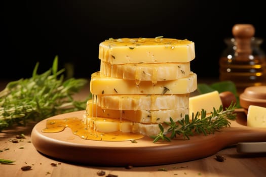Cheese with honey and rosemary on a wooden table.