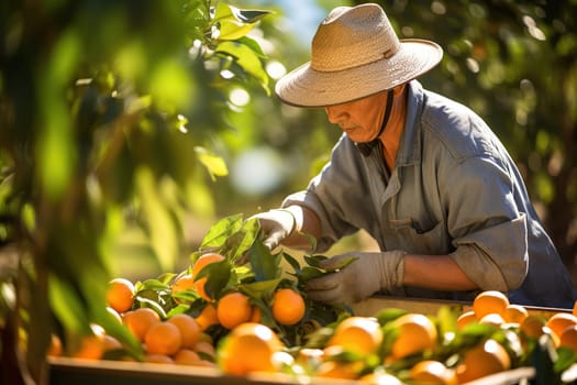 An elderly Asian man in a brimmed hat harvests oranges on a plantation.