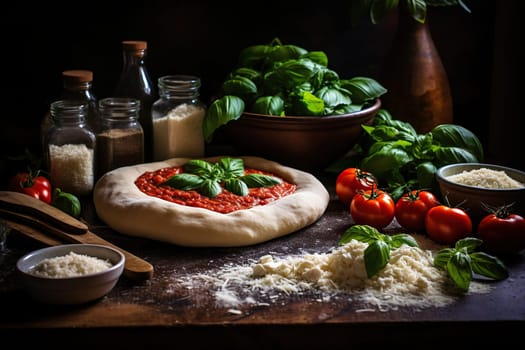 Making vegan pizza. Pizza with tomato, cheese and basil. Dark background.