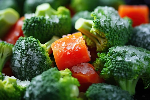 Frozen broccoli and carrots close-up.