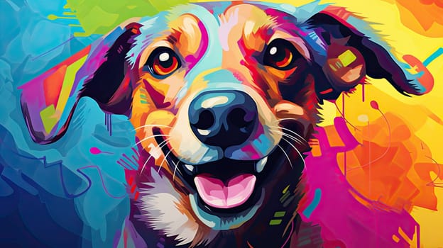 Portrait of a funny smiling, colorful dog with color painting around, animal concept