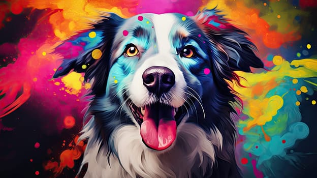 Portrait of a funny smiling, colorful dog with color painting around, animal concept