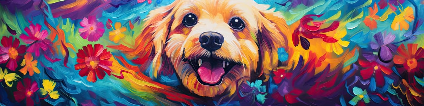 Portrait of a funny smiling, colorful dog with color painting around, animal concept