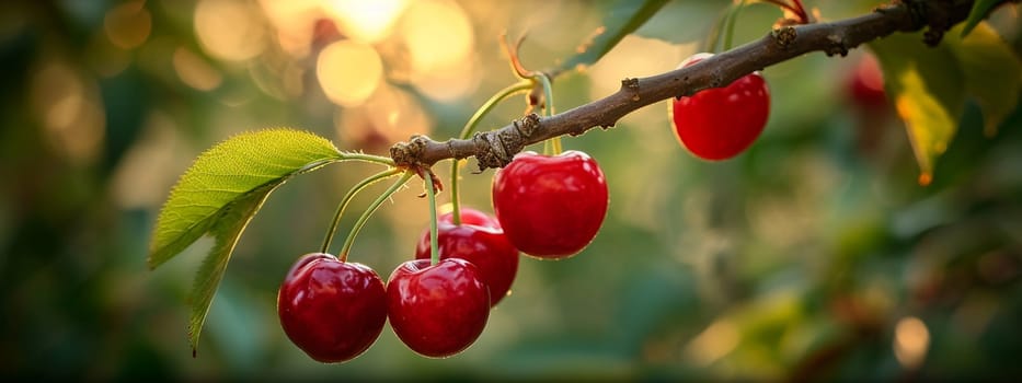 Branch of ripe cherries on a tree in a garden. selective focus. Food Generative Ai,