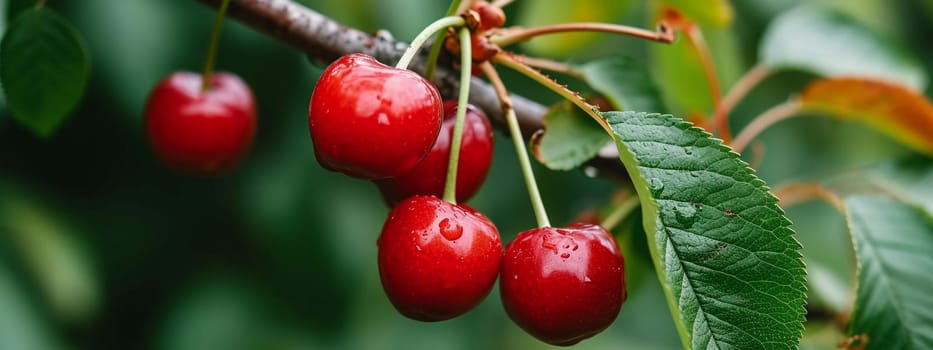 Branch of ripe cherries on a tree in a garden. selective focus. Food Generative Ai,