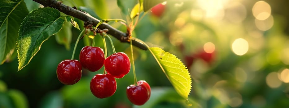 Branch of ripe cherries on a tree in a garden. selective focus. Food Generative Ai,