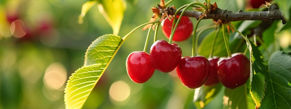 Branch of ripe cherries on a tree in a garden. selective focus. Food Generative Ai,