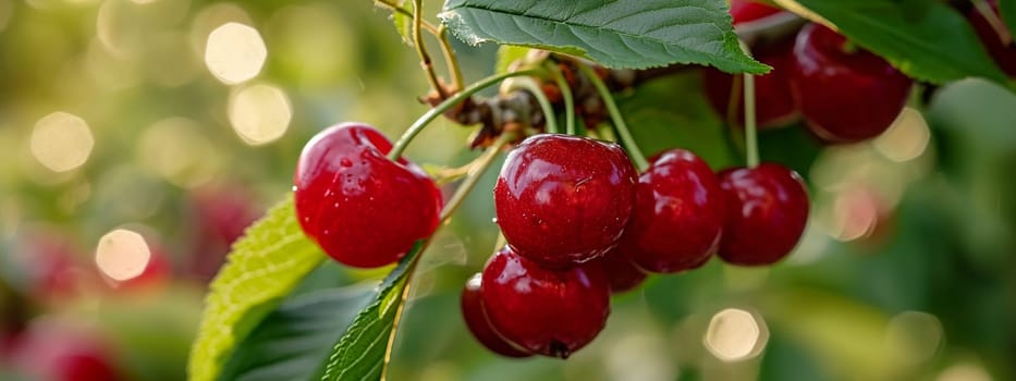 Branch of ripe cherries on a tree in a garden. selective focus. Food Generative Ai,