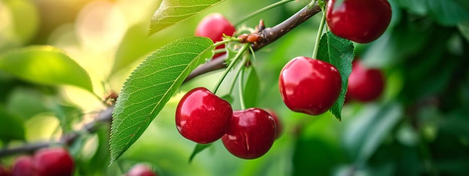 Branch of ripe cherries on a tree in a garden. selective focus. Food Generative Ai,