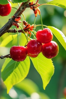 Branch of ripe cherries on a tree in a garden. selective focus. Food Generative Ai,