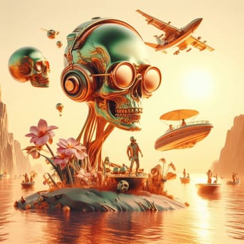 metallic alien dj with human skull, wearing glasses earphone dj of beach party in tropical island generative ai art