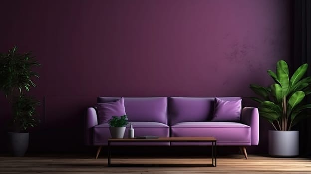 Mock up picture frame in dark purple room interior with purple velvet sofa, realistic background with plant pot on small table