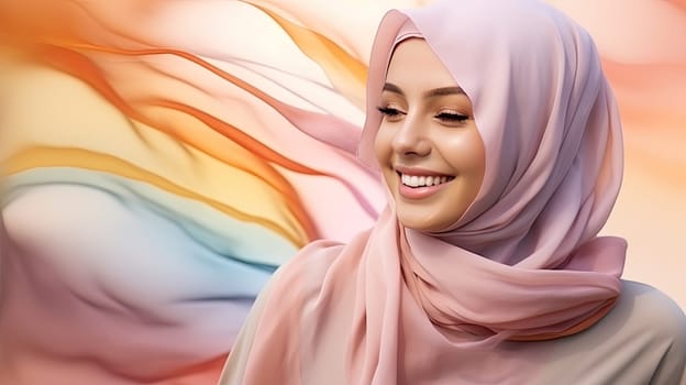 Modern colorful stylish outfit photoshoot of muslim hijab woman in dynamic shot happy and positive for modest trendy