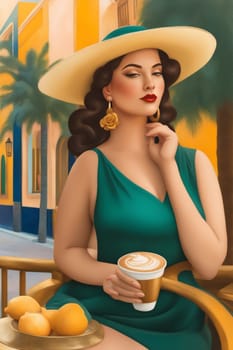 iilustration of voluptous female model having latte macchiato relax outdoors poolside in villagenerative ai art