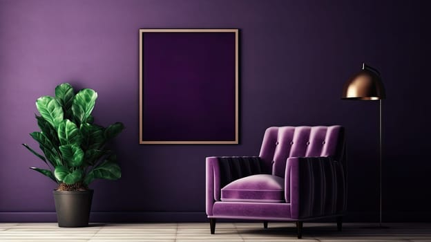 Mock up picture frame in dark purple room interior with purple velvet sofa, realistic background with plant pot on small table