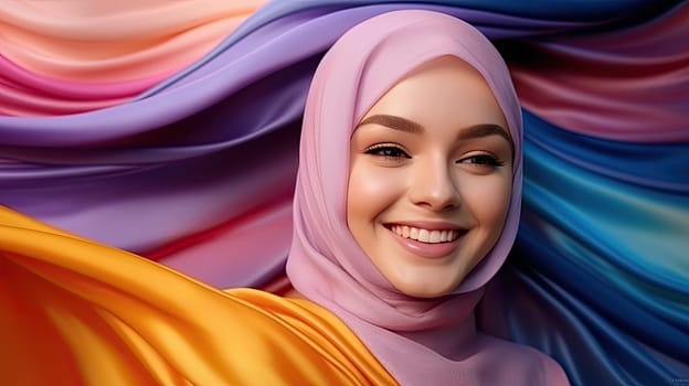 Modern colorful stylish outfit photoshoot of muslim hijab woman in dynamic shot happy and positive for modest trendy