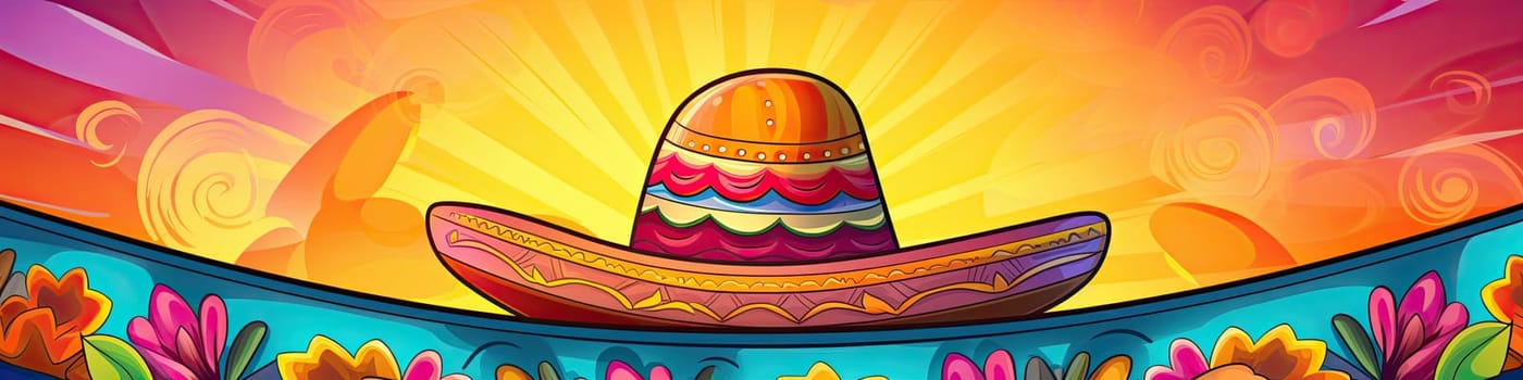 Mexican cartoon art sombrero on a colorful background banner